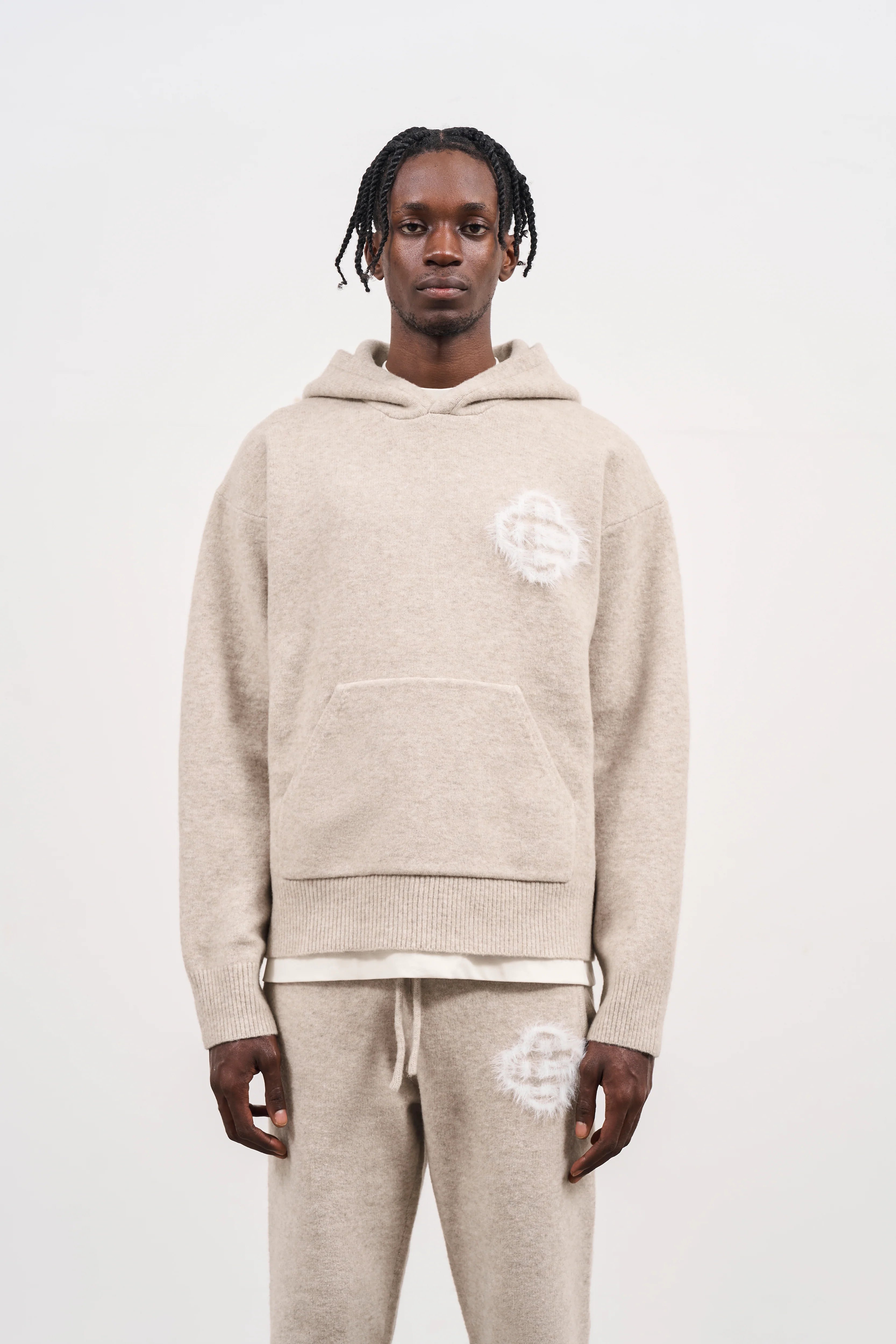 Couture Club - Fluffy Emblem Knitted Hoodie | Beige