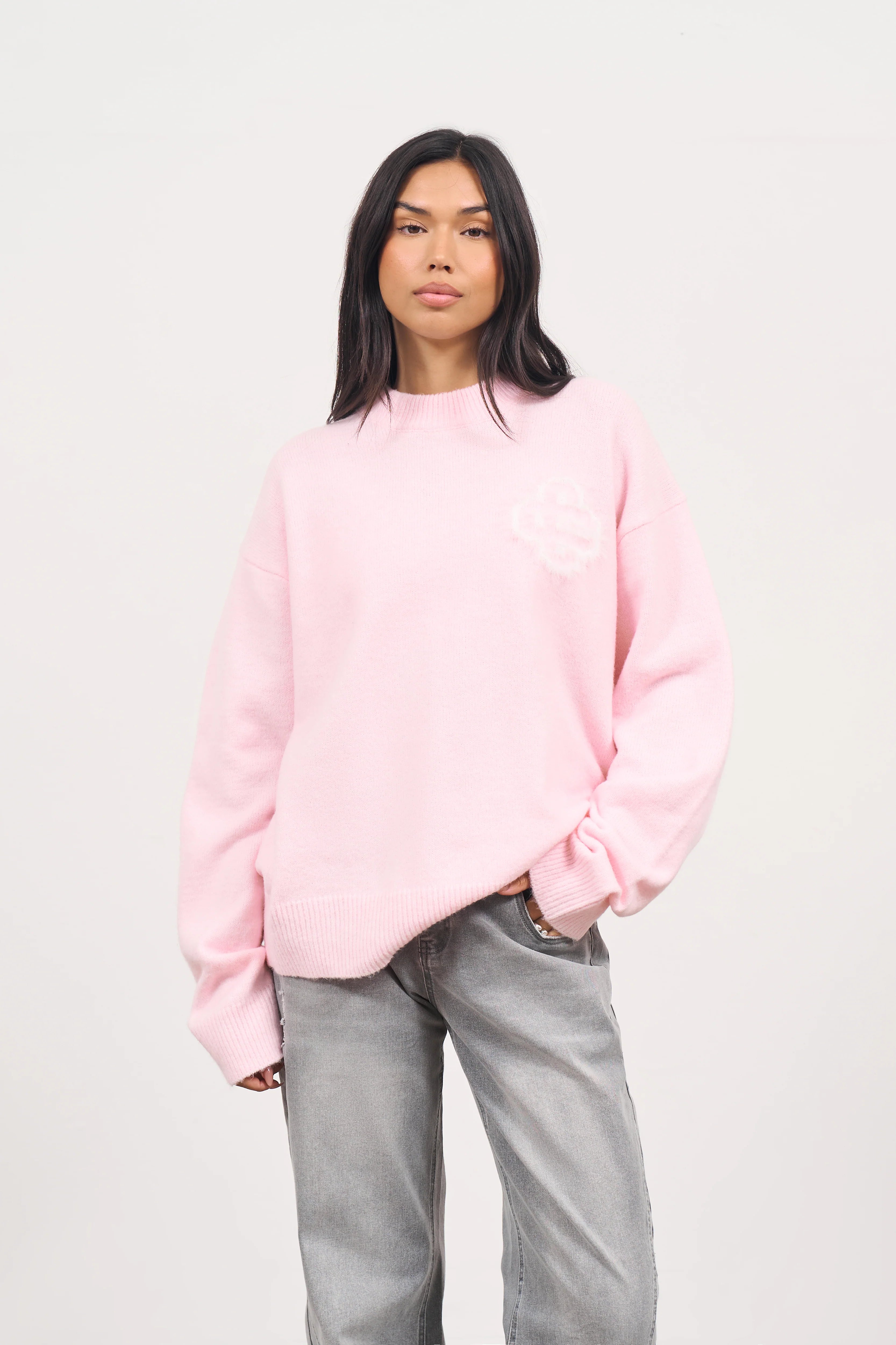 Couture Club - Fluffy Emblem Knitted Crew | Baby Pink