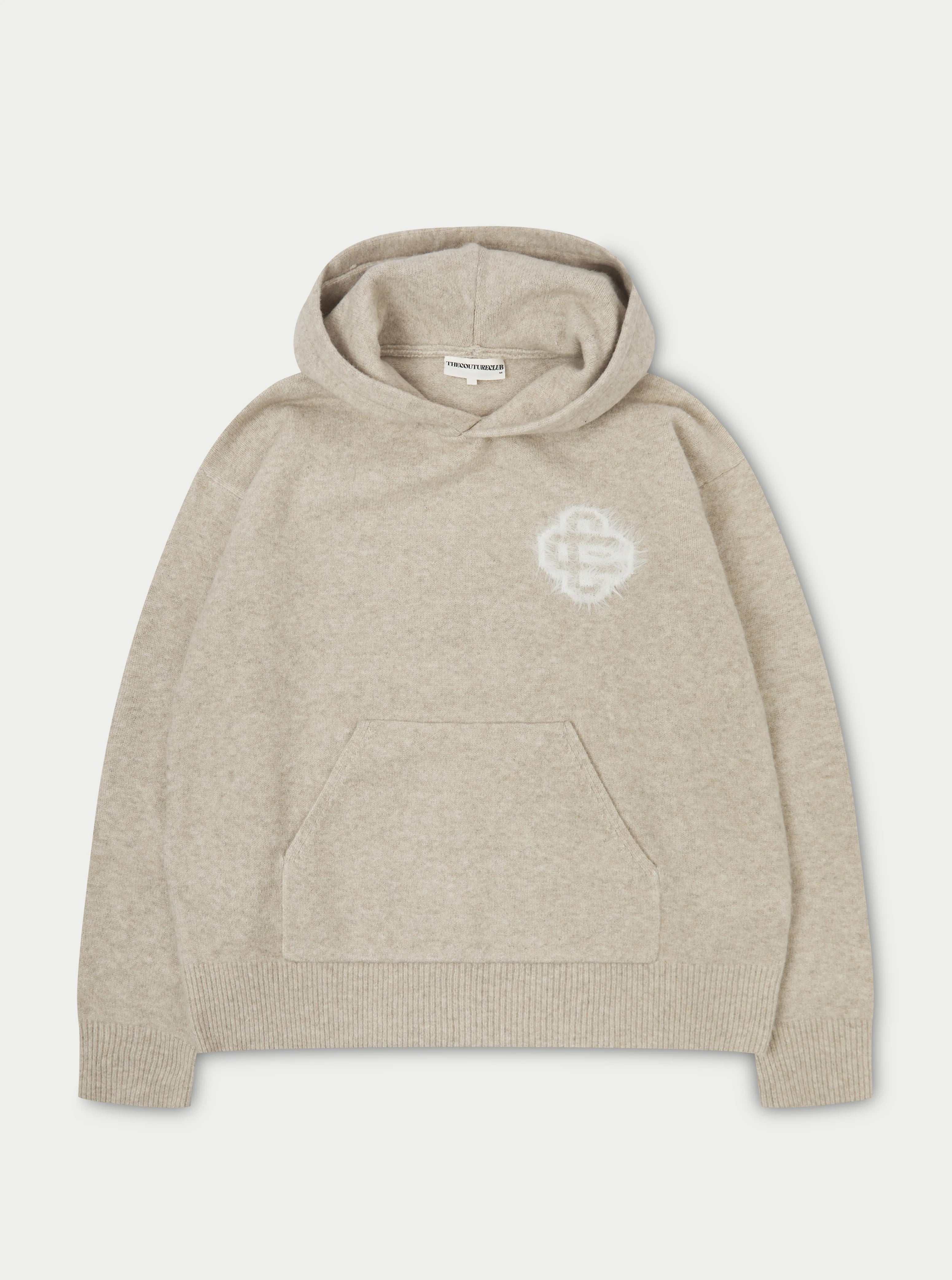 Couture Club - Fluffy Emblem Knitted Hoodie | Beige