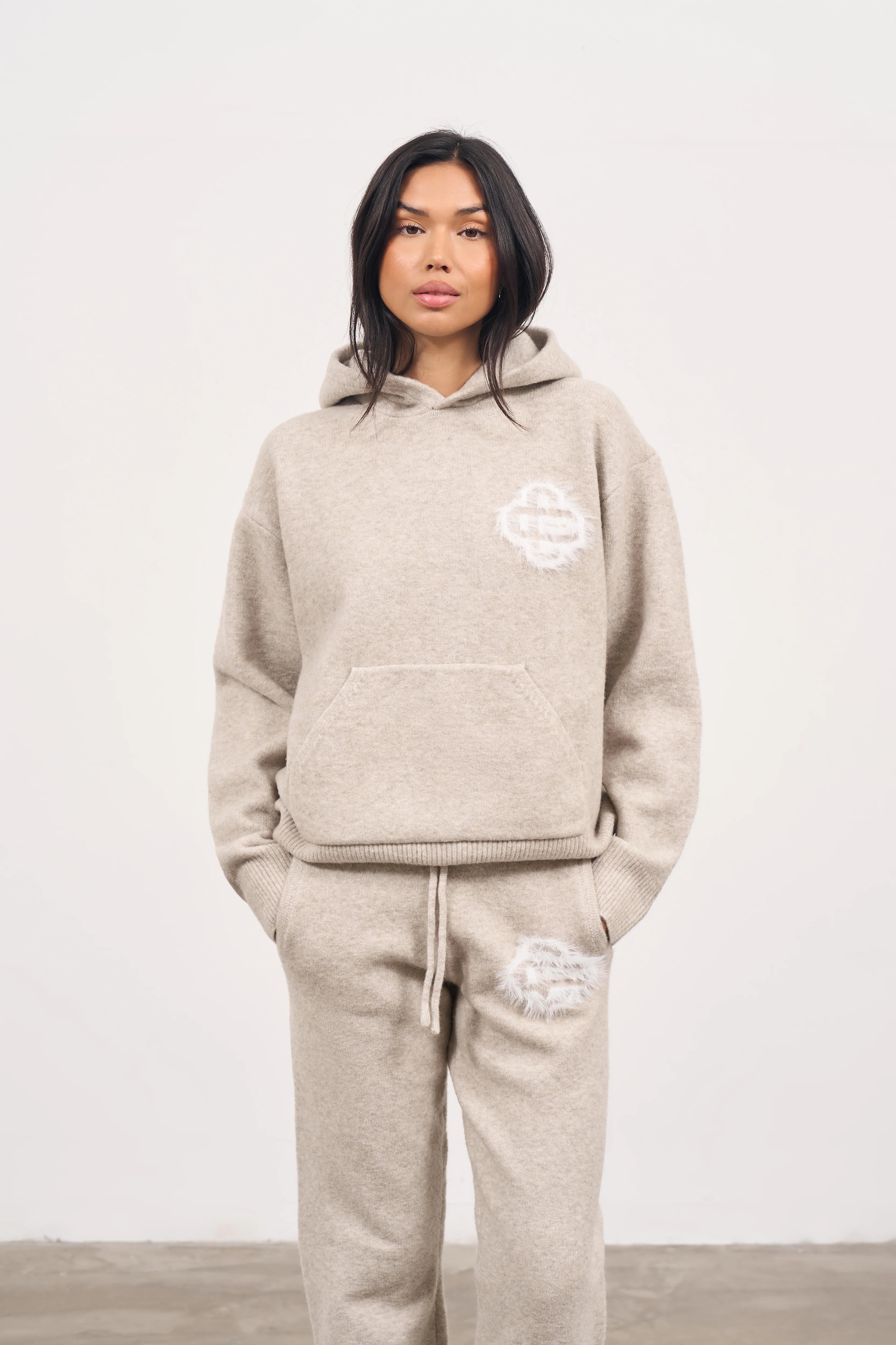 Couture Club - Fluffy Emblem Knitted Hoodie | Beige