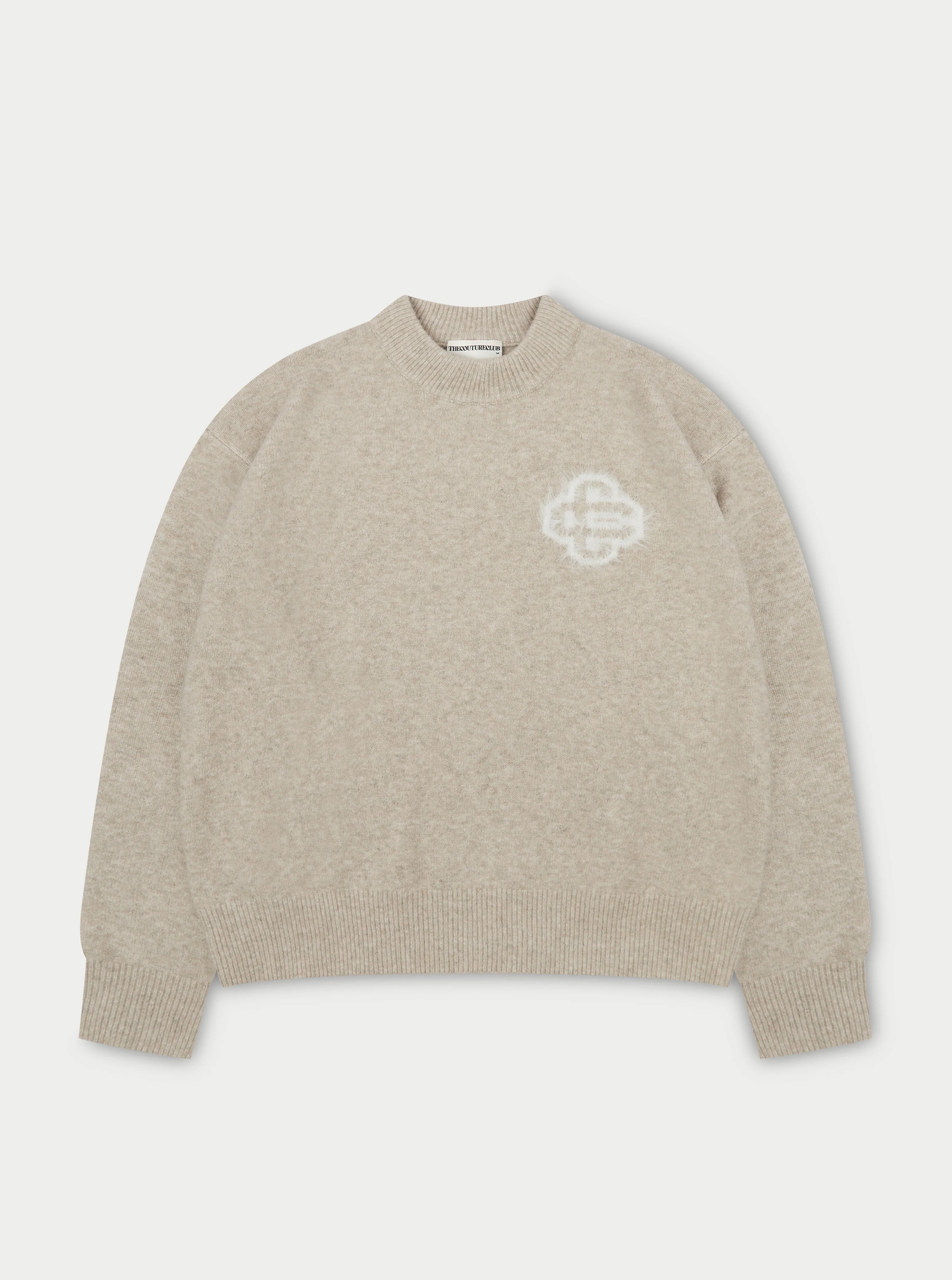 Couture Club - Fluffy Emblem Knitted Crew | Beige