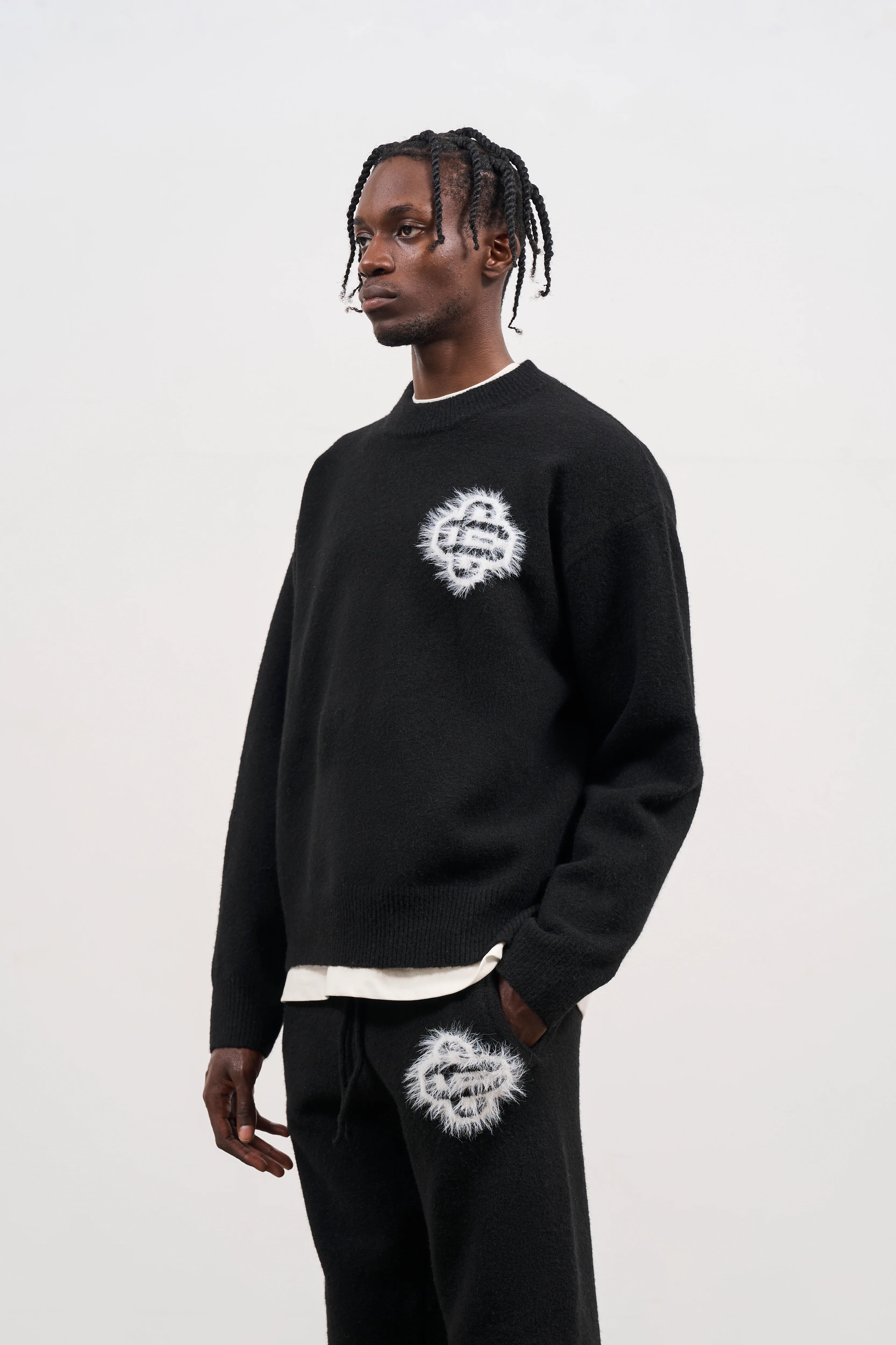 Couture Club - Fluffy Emblem Knitted Crew | Black