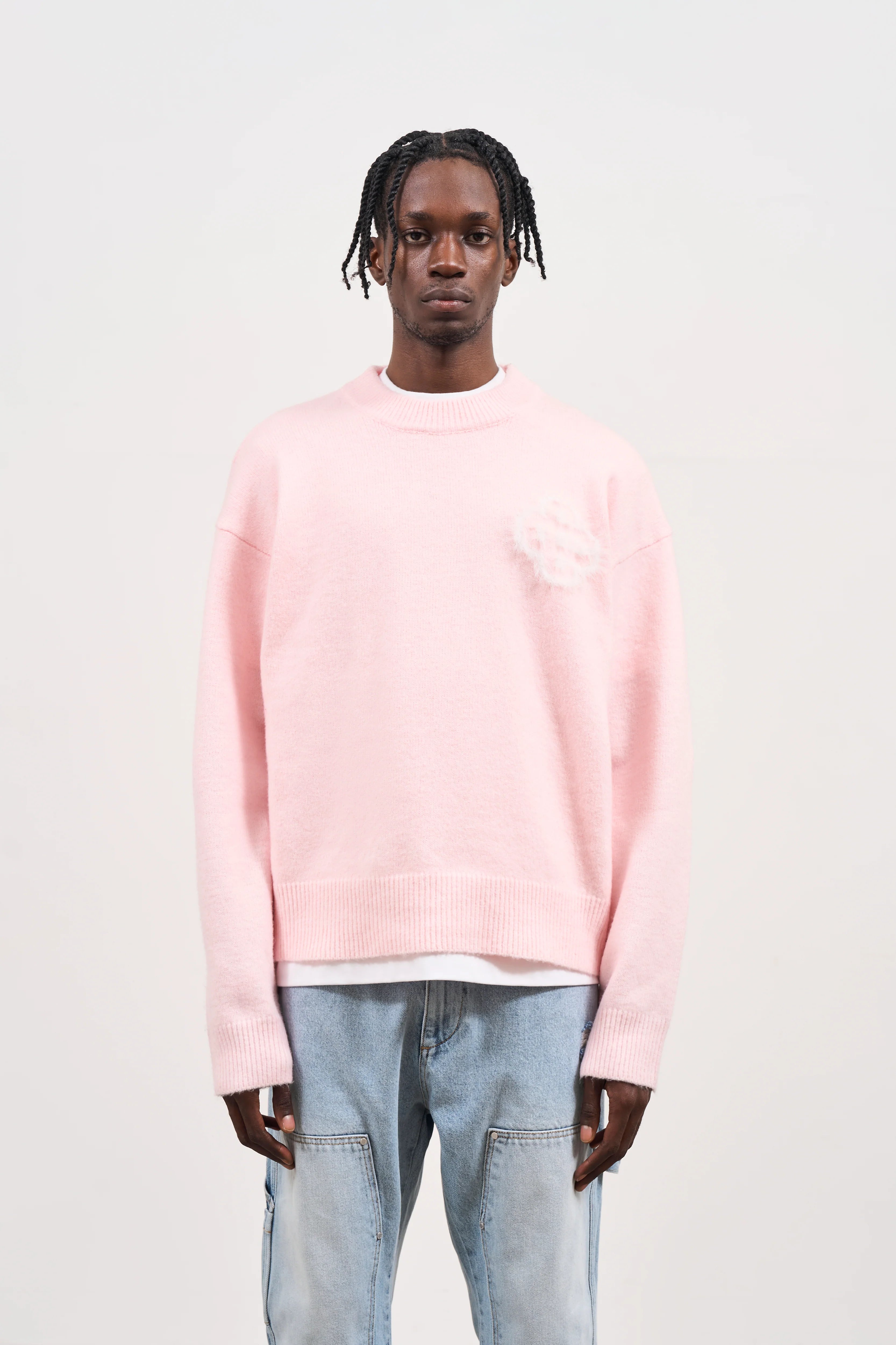 Couture Club - Fluffy Emblem Knitted Crew | Baby Pink