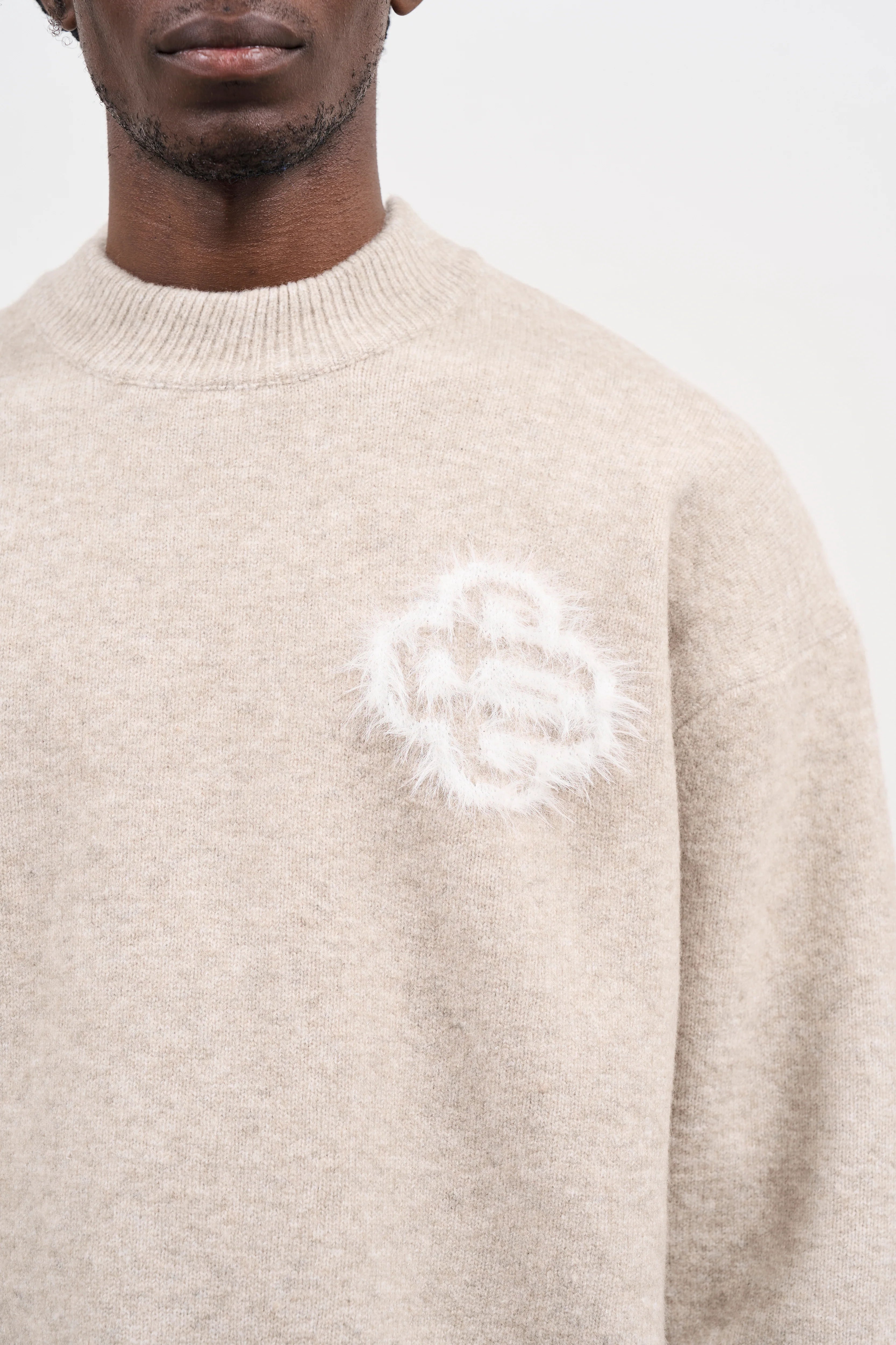 Couture Club - Fluffy Emblem Knitted Crew | Beige