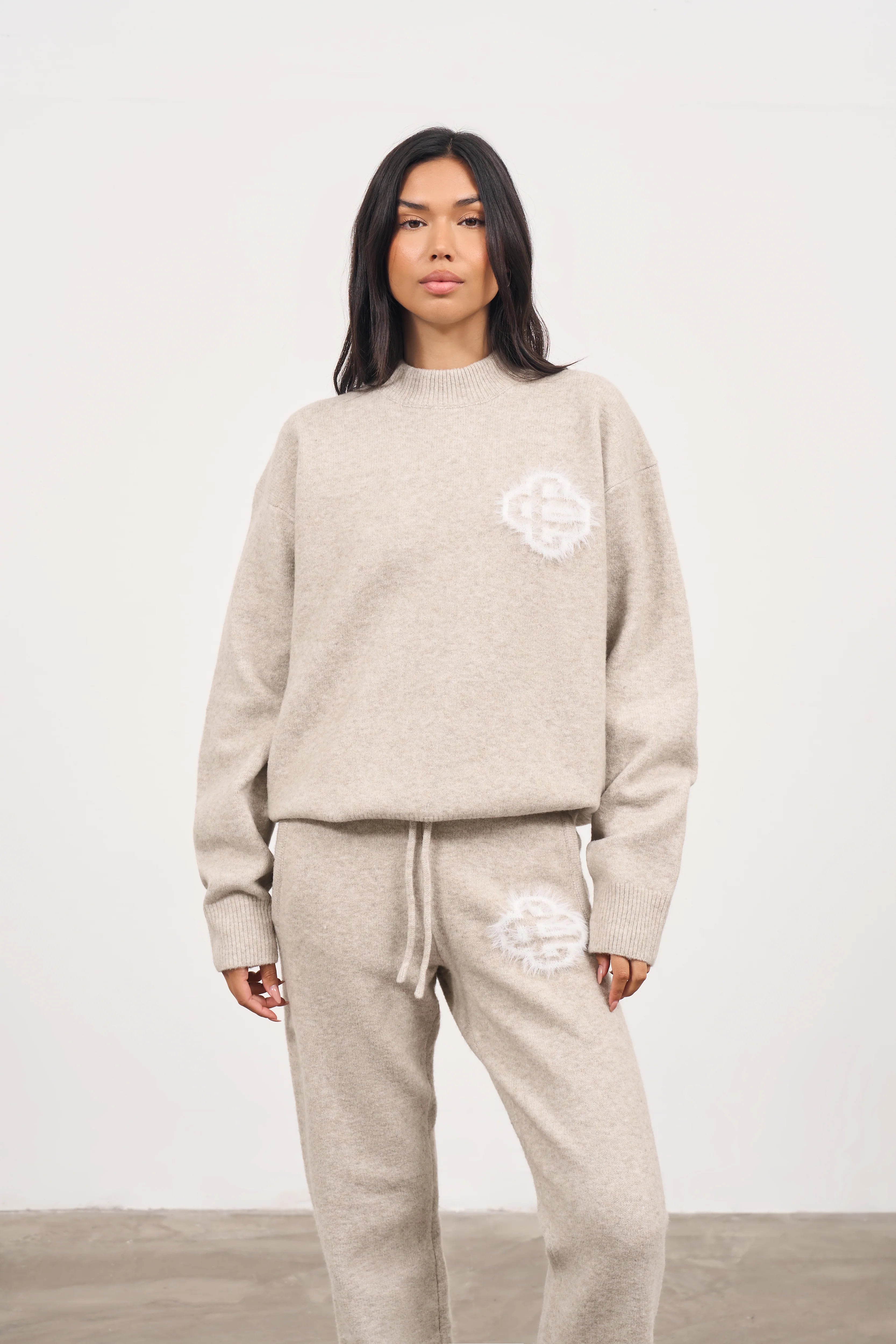 Couture Club - Fluffy Emblem Knitted Crew | Beige