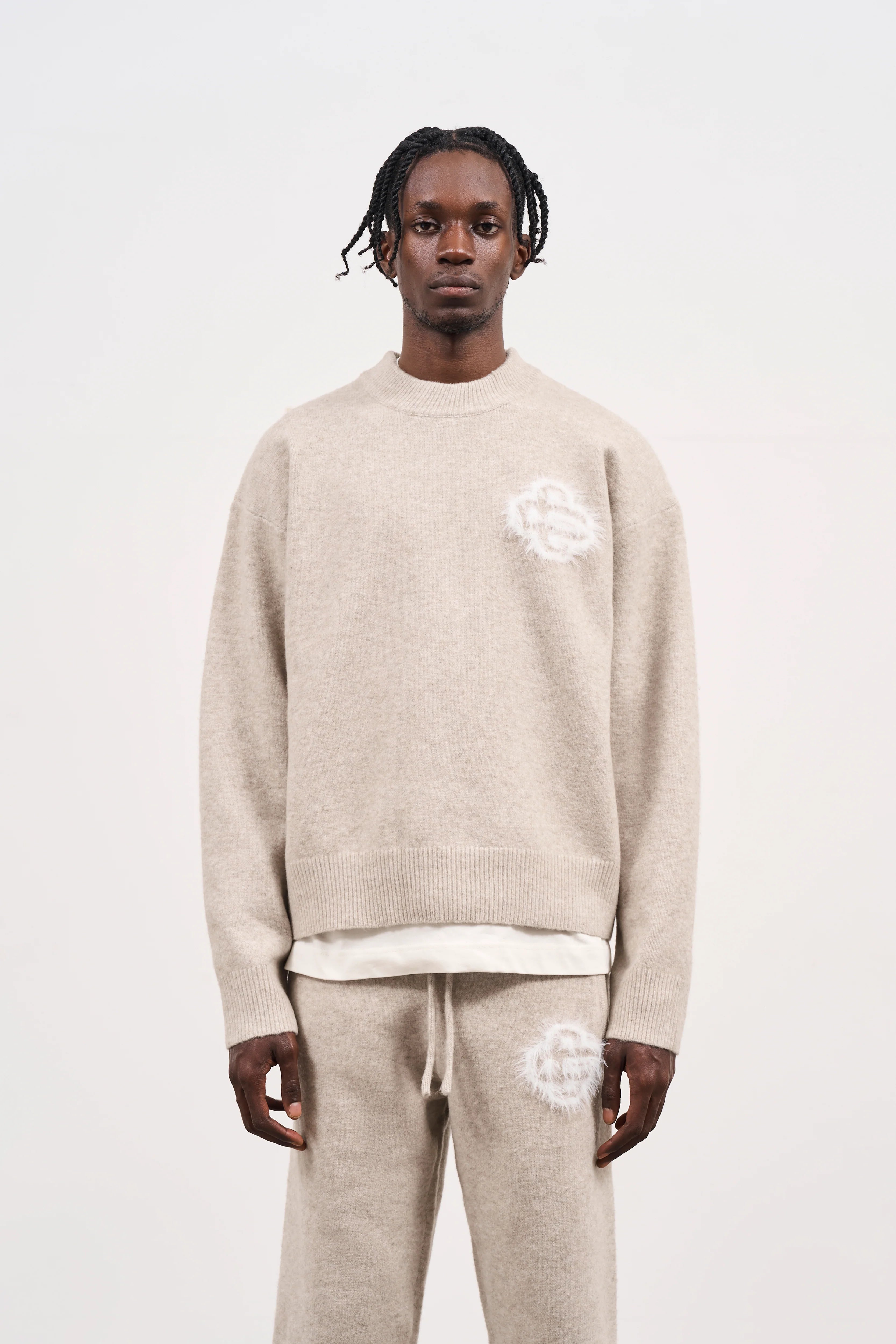 Couture Club - Fluffy Emblem Knitted Crew | Beige